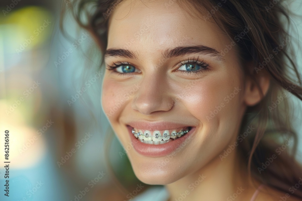 Close-up portrait of a smiling woman wearing orthodontic braces Close-up portrait of a smiling woman wearing orthodontic braces