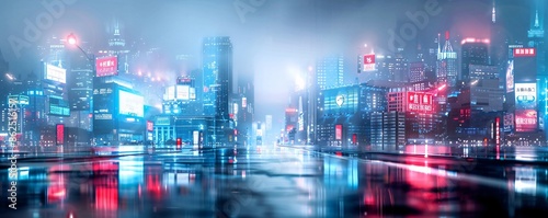 In a sprawling metropolis bathed in neon lights, holographic foreclosure signs and bankruptcy alerts hover over buildings, creating a dramatic visual effect. The dynamic cityscape provides