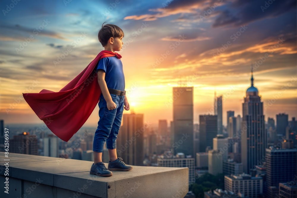 Heroic Kid on Rooftop Blur: A blurred background of a superhero kid standing confidently on a rooftop, with a cityscape in the distance.
