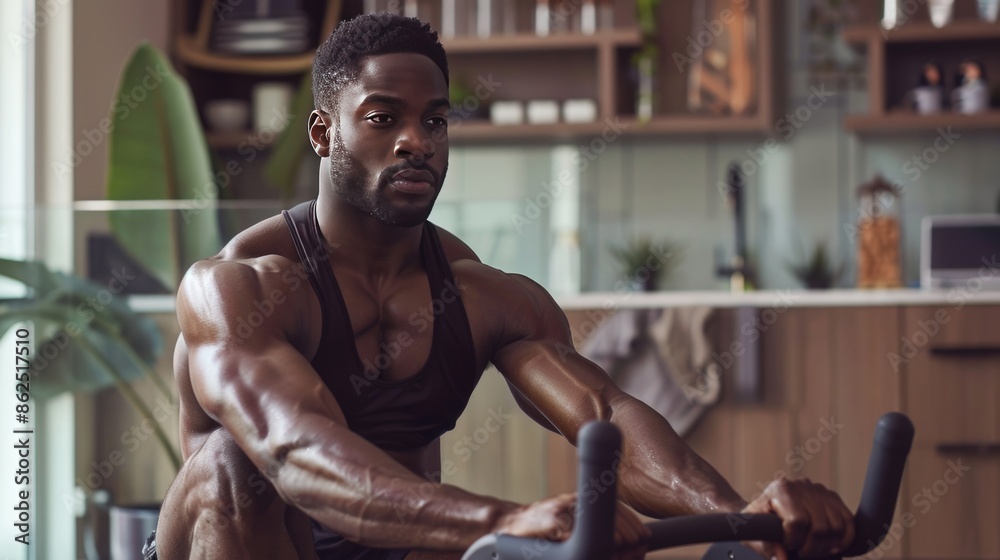 Strong Athletic Black Man Does Shirtless Workout at Home Gym ...