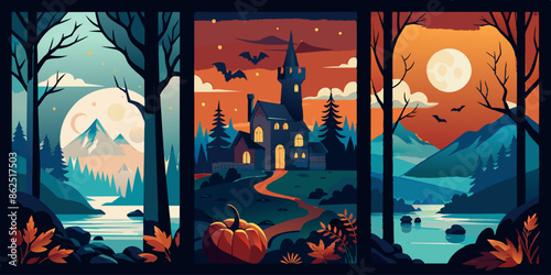 There are three paintings of a spooky castle surrounded by trees in a forest. There are three eerie paintings depicting a haunted castle nestled in a forest. The artwork captures a sense of mystery