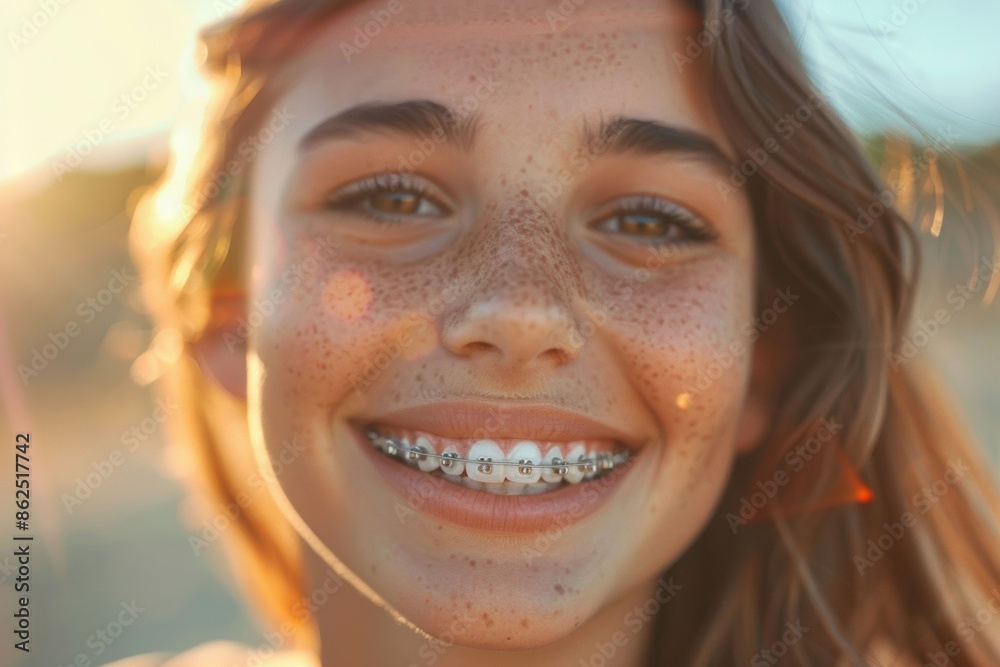 Close-up portrait of a smiling woman wearing orthodontic braces Close-up portrait of a smiling woman wearing orthodontic braces