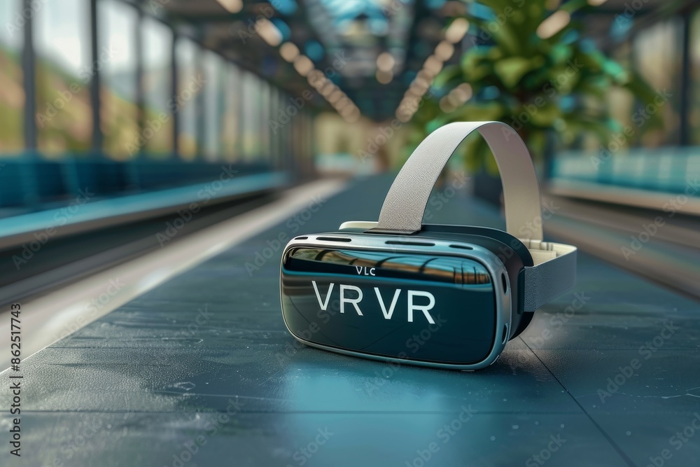 Obraz premium VR headset on a table in a modern café, representing the integration of advanced virtual reality technology and contemporary digital innovation in a stylish, social setting
