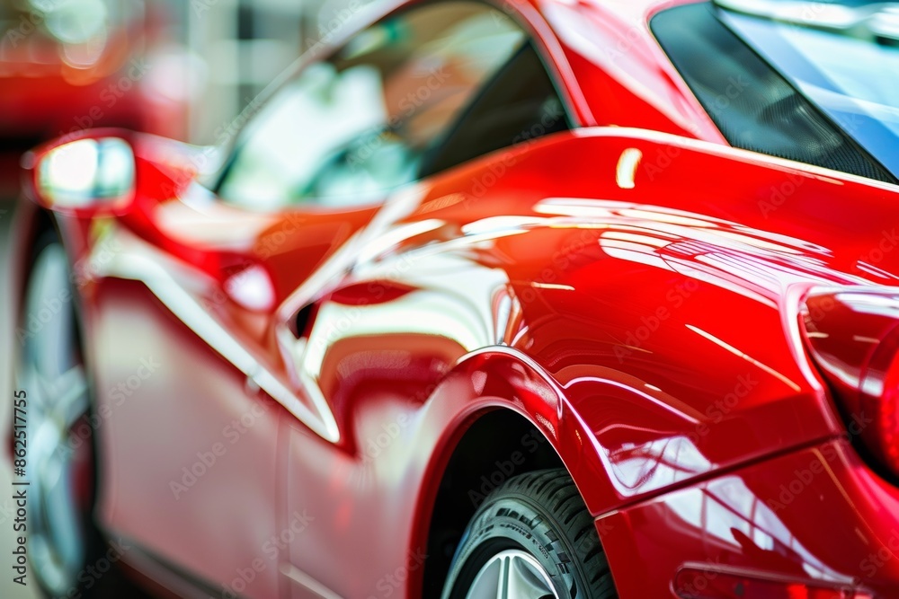Shiny red sports car in showroom with modern design Shiny red sports car in showroom with modern design