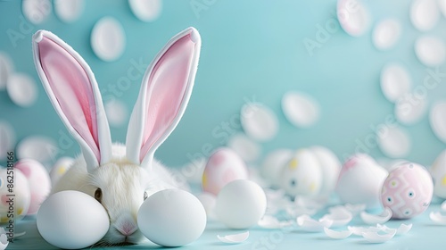 easter bunny ears white eggs on isolated pastel background with copyspace © ZALA
