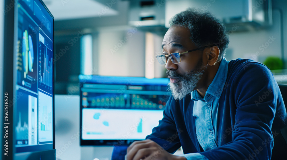 A professional man discusses data with his mature colleague on a computer A professional man discusses data with his mature colleague on a computer