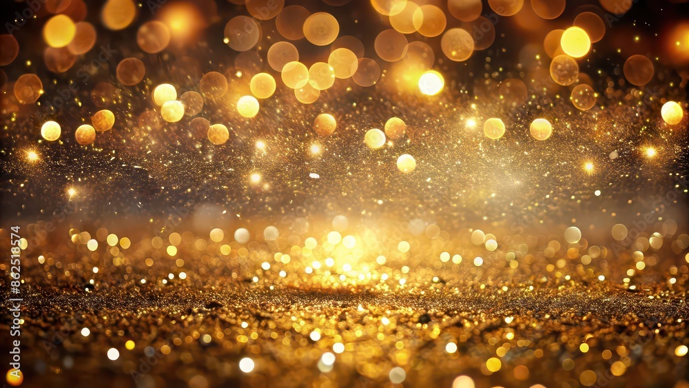 Shiny glitter particles floating against golden bokeh background on dark backdrop, glitter, particles, shiny, bokeh, golden