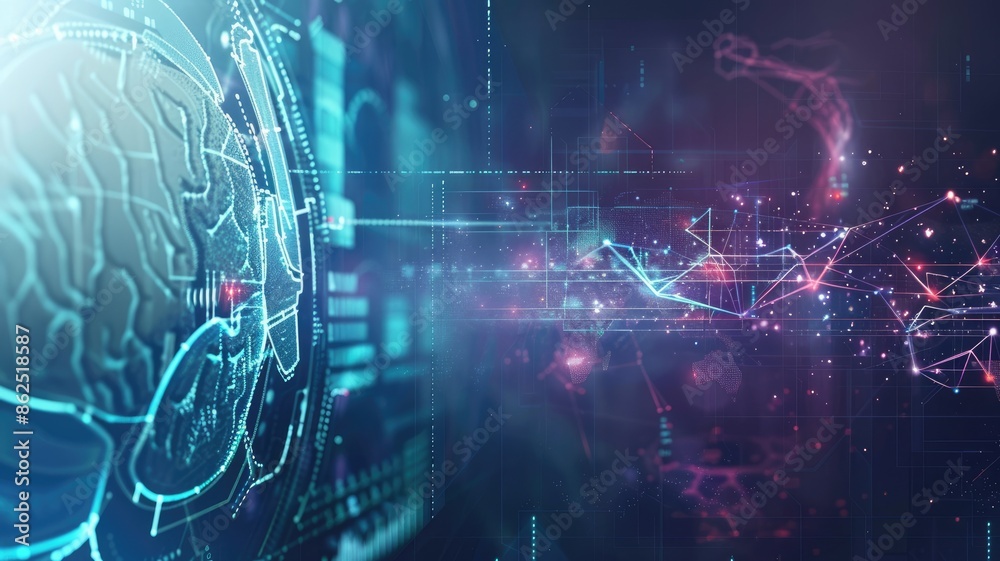 Abstract representation of artificial intelligence with digital brain and network connections overlaying stock market graphs Abstract representation of artificial intelligence with digital brain and network connections overlaying stock market graphs