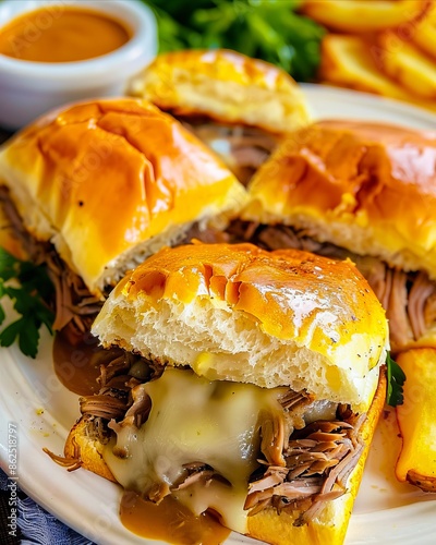 A plate of pulled pork sandwiches with fries. photo