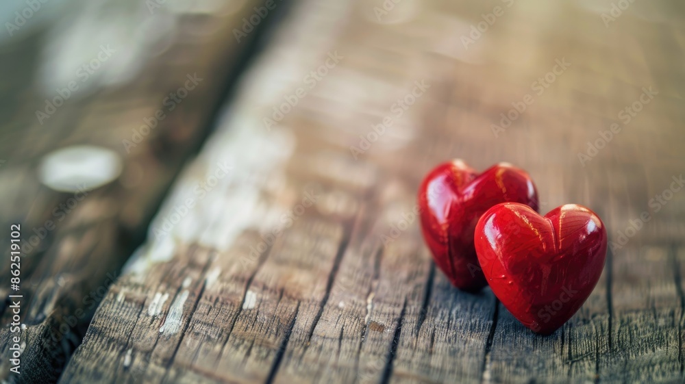 Fototapeta premium Two red hearts on rustic wooden background
