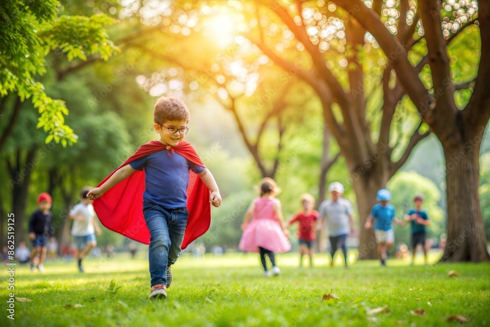 Fototapeta premium Superhero Kid in Park Blur: A blurred scene of a superhero kid in a park, surrounded by green trees and playing children. 