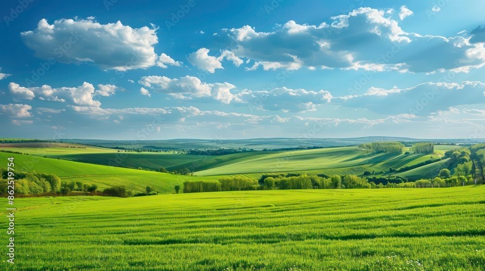 Obraz premium Beautiful countryside in Ukraine Europe Summertime nature photo of lush green pastures and clear blue sky Explore Earth's beauty Copy space image. Generative AI
