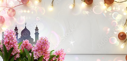 Bakr Eid celebration with pink hyacinths, mosque silhouette, and festive lights, left side copy space, minimalist and modern, 