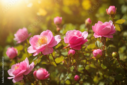 Natural wild roses with sunshine bokeh background