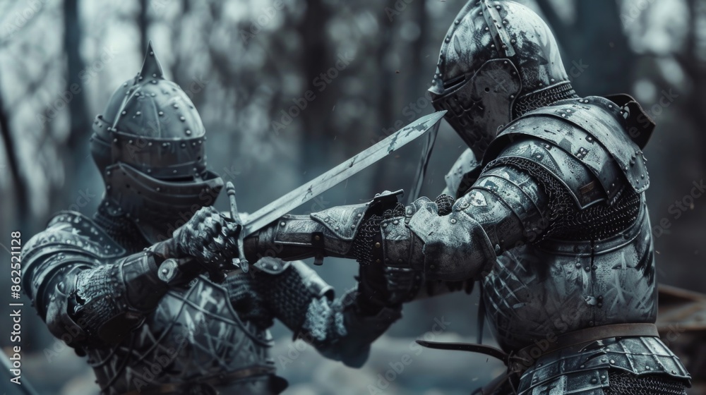 Naklejka premium Two Armored Medieval Knights Fighting with Swords. Dark Ages Army Warfare. Action Battle of Armed Warrior Soldiers, Killing Enemy