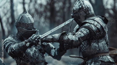 Two Armored Medieval Knights Fighting with Swords. Dark Ages Army Warfare. Action Battle of Armed Warrior Soldiers, Killing Enemy