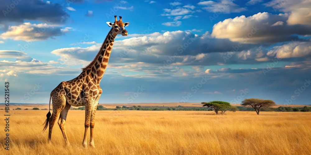 Fototapeta premium Majestic giraffe standing tall in the savannah, wildlife, safari, Africa, tall, spots, neck, mammal, exotic, nature