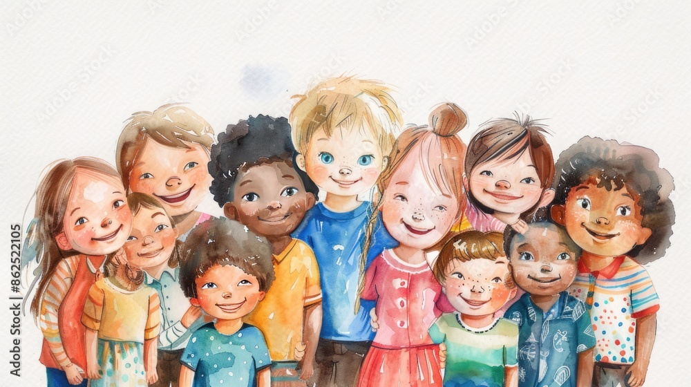 Watercolor illustration group of happy smiling children of different nationalities standing in an embrace