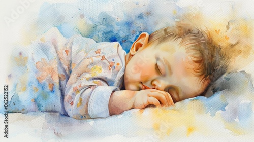 Watercolor illustration of a baby sleeping peacefully