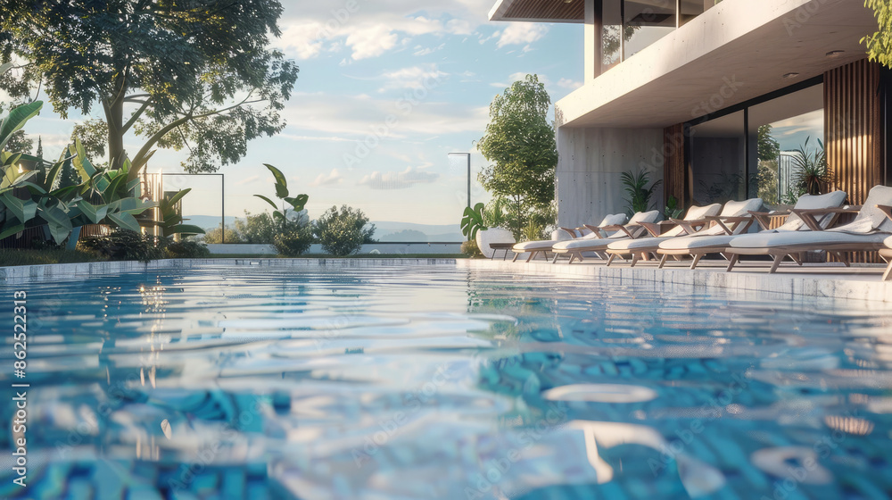 Fototapeta premium Serene vibes surround empty lounge chairs at a poolside oasis against the backdrop of a modern house. A perfect blend of relaxation and contemporary design, inviting you to unwind in style.