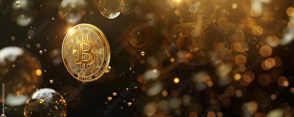 bitcoin floating in the air in a big bubble for risky investments or danger of crypto currencies trading and bubble crisis crash bear market as wide banner with copyspace area