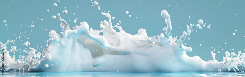 splattered milk splash, pouring white liquid flow for low, full, skimmed fat dairy products over blue clean isolated background as wide commercial banner design with copyspace splattered milk splash, pouring white liquid flow for low, full, skimmed fat dairy products over blue clean isolated background as wide commercial banner design with copyspace