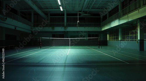 Enigmatic portrayal of a deserted indoor badminton court illuminated by the mysterious radiance of twilight, the pristine net standing silently amidst the tranquil space