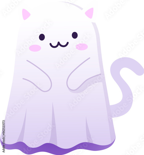 Halloween kawaii ghost cat character. Isolated cartoon vector kitten spook with ghostly twist, featuring adorable feline charm and spectral allure, creating an irresistibly loveable phantom personage