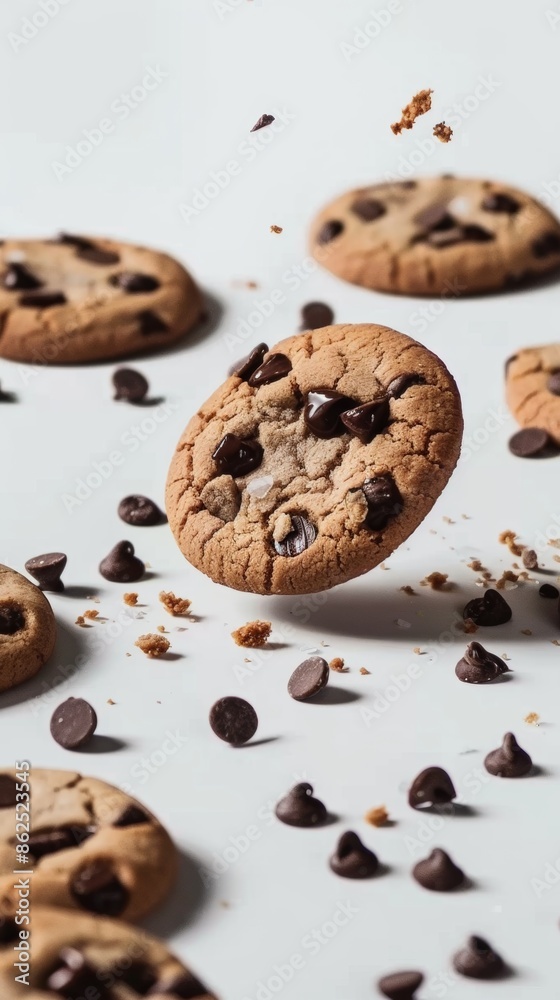 Chocolate chip cookies falling on a white background Chocolate chip cookies falling on a white background