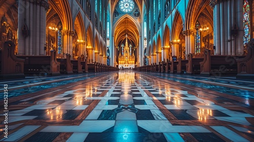  A grand cathedral with a marble floor, devoid of people. photo