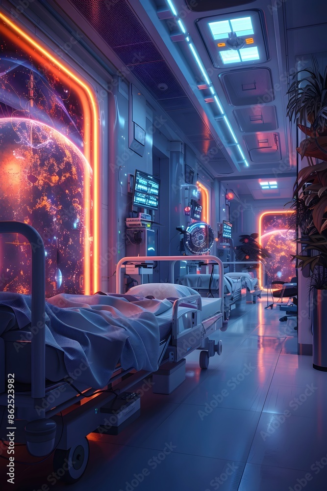 Obraz premium Futuristic Hospital Ward with Advanced Wearable Devices Monitoring Patient Vitals on Interactive Screens