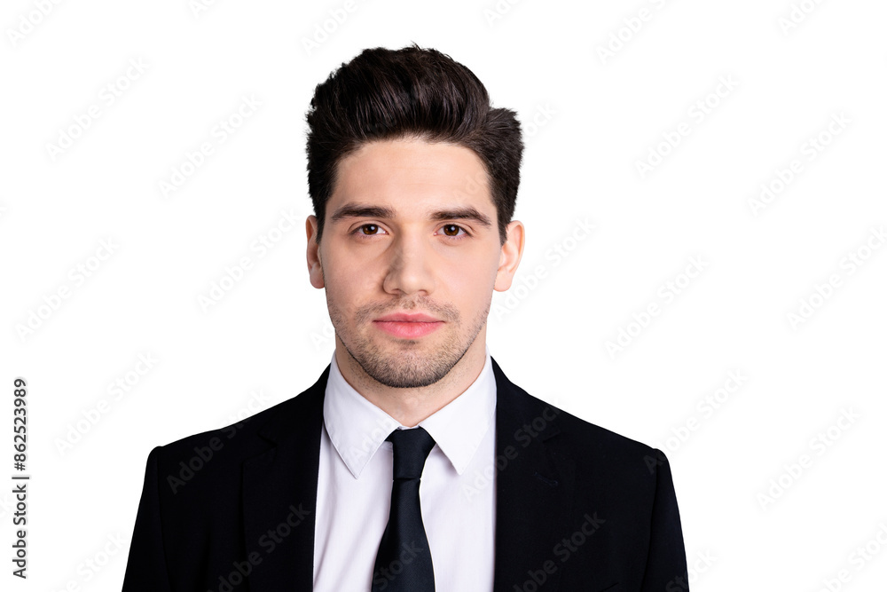 Close up photo amazing he him his macho attractive handsome look watch interested curious wondered not smiling wear white shirt black suit jacket tie formalwear isolated bright grey background Close up photo amazing he him his macho attractive handsome look watch interested curious wondered not smiling wear white shirt black suit jacket tie formalwear isolated bright grey background