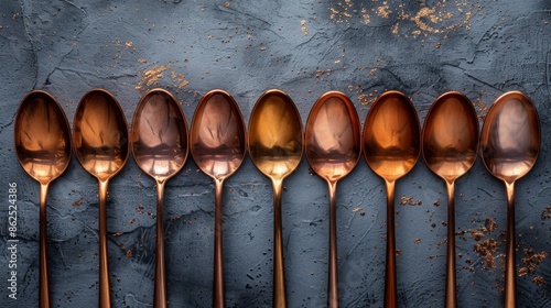 Row of copper spoons on dark textured background, symmetrical and minimalist concept