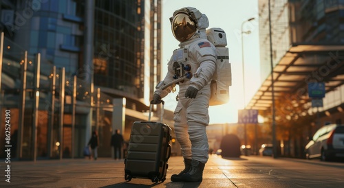 Astronaut Walking Through City Street With Luggage at Sunset