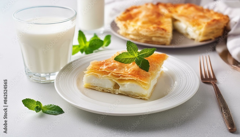 A piece of Bulgarian banitsa, a puff pastry filled with cheese and eggs, on a white plate. Served with a glass of ayran and a few fresh mint leaves.