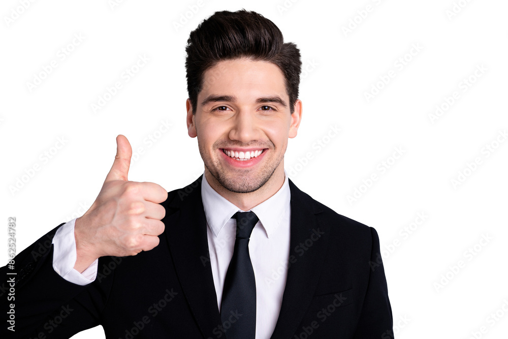 Close up photo amazing he him his macho handsome hand arm thumb up advising buy buyer new tested great product wear white shirt black suit jacket tie formal-wear isolated bright grey background Close up photo amazing he him his macho handsome hand arm thumb up advising buy buyer new tested great product wear white shirt black suit jacket tie formal-wear isolated bright grey background