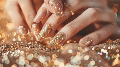 Women hands with perfect manicure, festive bedazzled with crystals nails, gold, shiny