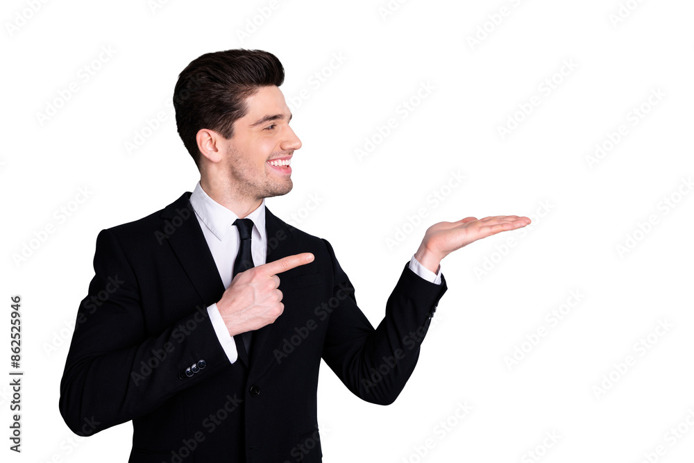 New option ad concept. Portrait of cheerful satisfied representative in black jacket advise suggest recommend present information sale discount decision choice feedback isolated grey background New option ad concept. Portrait of cheerful satisfied representative in black jacket advise suggest recommend present information sale discount decision choice feedback isolated grey background