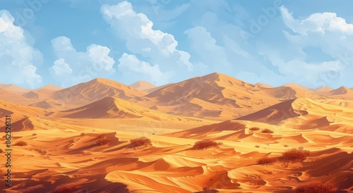 A Sunny Day in the Desert With Rolling Sand Dunes and Fluffy Clouds