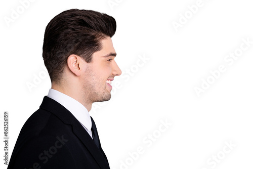 Profile side view photo of glad satisfied representative chief feel content enjoy career concept success collar dressed modern expensive clothing isolated on ashy-gray background