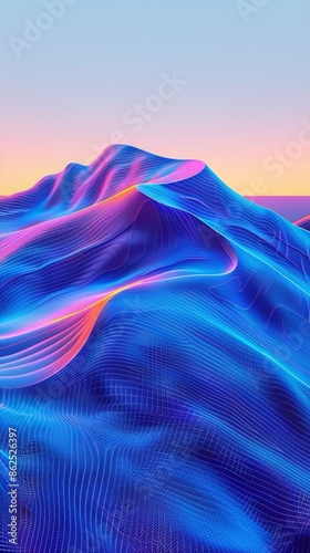 Desert Landscape of Giant Soundwave Dunes. Neon light waves soundwaves or sine waves, flowing smoothly across the image, with gradient colors transitioning from blue to purple to pink. Generative ai