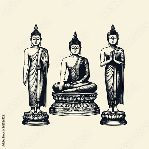 buddha statue illustration. buddha gautama vintage style illustration. hand drawn buddha isolated background