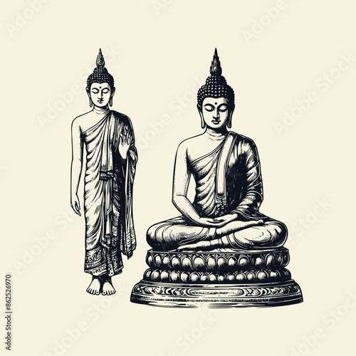buddha statue illustration. buddha gautama vintage style illustration. hand drawn buddha isolated background