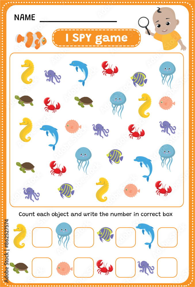 I SPY game. Find and count fish and sea creatures.. Underwater world. Educational children game. Printable worksheet. I SPY game. Find and count fish and sea creatures.. Underwater world. Educational children game. Printable worksheet.