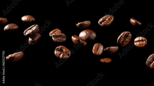 Floating coffee beans on a dark background photo