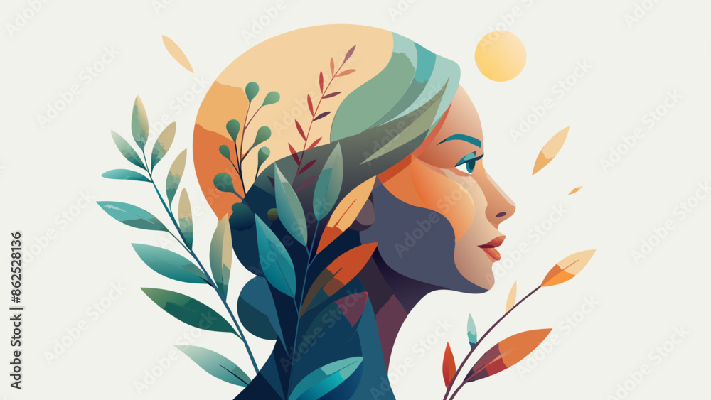 Serene Woman in Nature-Inspired Geometric Illustration Serene Woman in Nature-Inspired Geometric Illustration