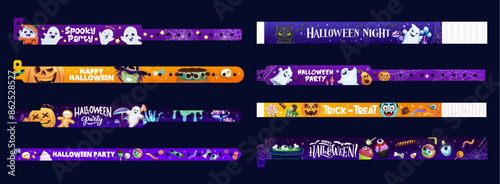 Halloween holiday party paper bracelets with cartoon characters. Hand wristband mockups. Vector festive wrists, playful accessories set with spooky pumpkins, ghosts, witch or vampire, sweets and bats