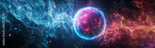 Neon Energy Sphere Surrounded by Dynamic Particles