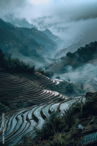 Rice Terraces in China Under the Rain with Villages photo