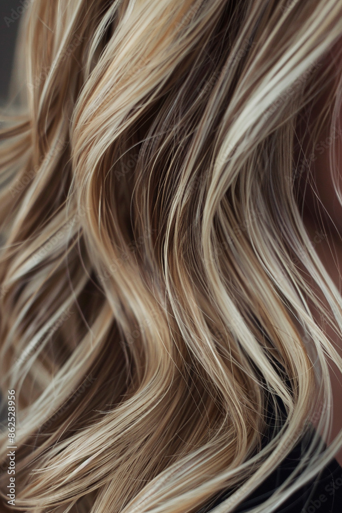 Naklejka premium Closeup of blonde wavy hair showcasing texture and highlights